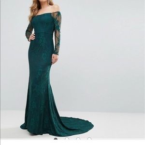 Long Sleeve, Off the Shoulder Lace Gown with Train
